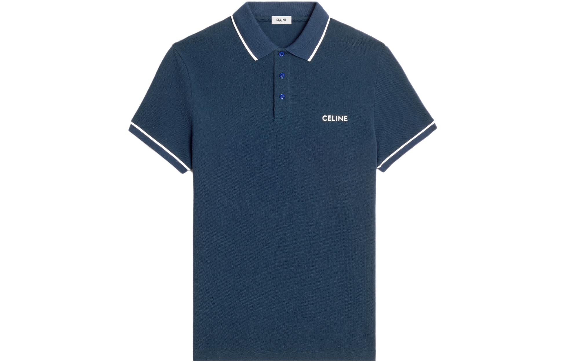 Order CELINE SS23 Baju Polo Lengan Pendek Logo Sulaman Biru Navy. 2X68E043F-07OW