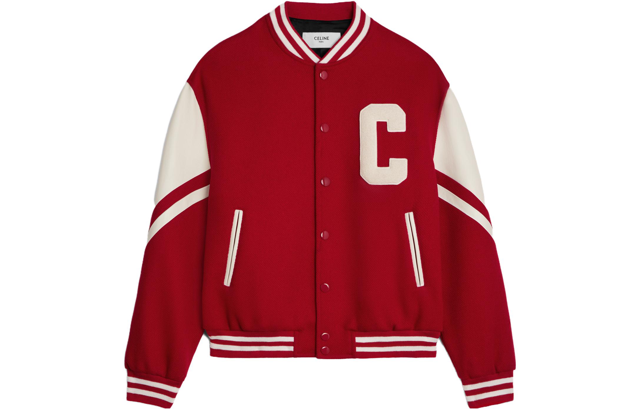 CELINE SS23  Red Letter Patch Button-Up Varsity Jacket. 2V58N896C-27ED