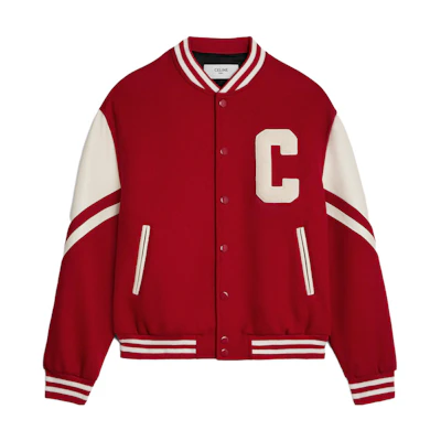 CELINE SS23 Red Letter Patch Button-Up Varsity Jacket. 2V58N896C-27ED