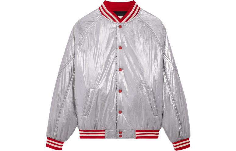 CELINE SS23  Silver Long-Sleeve Jacket with Striped Trim. 2W559819L-36AG