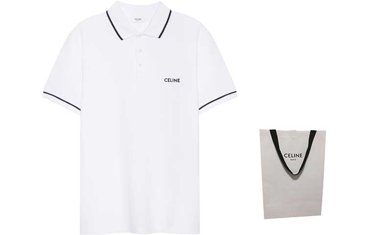 Shop CELINE SS23 條紋字母圖案短袖POLO衫 - 白色 2X68E043F-01OB
