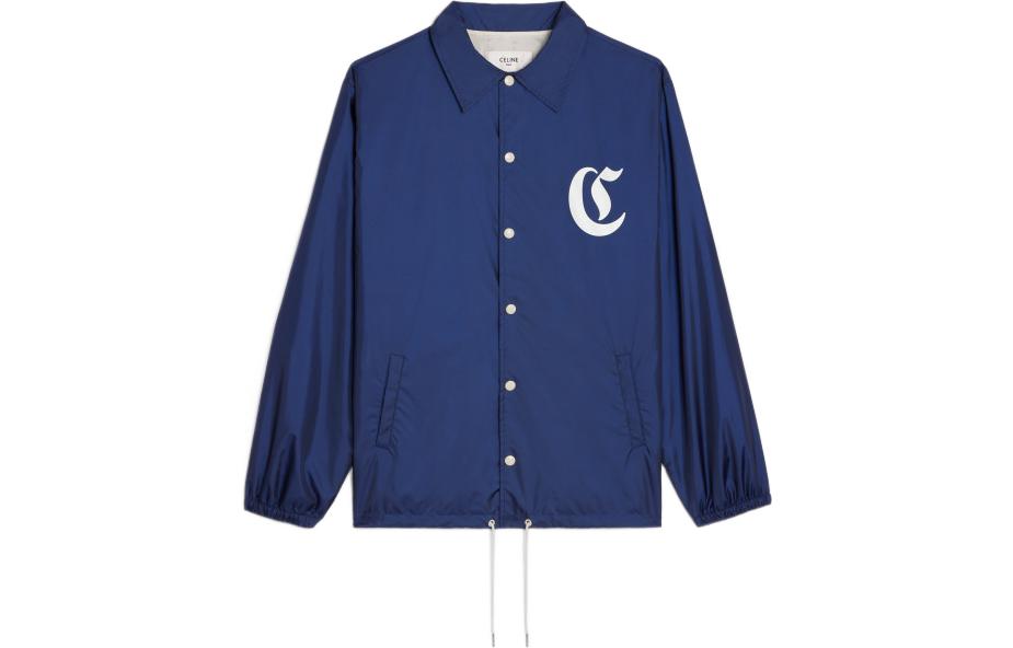 Celine SS23 Navy Nylon Long Coach Jacket with Logo Print 2W864495M-07OC
