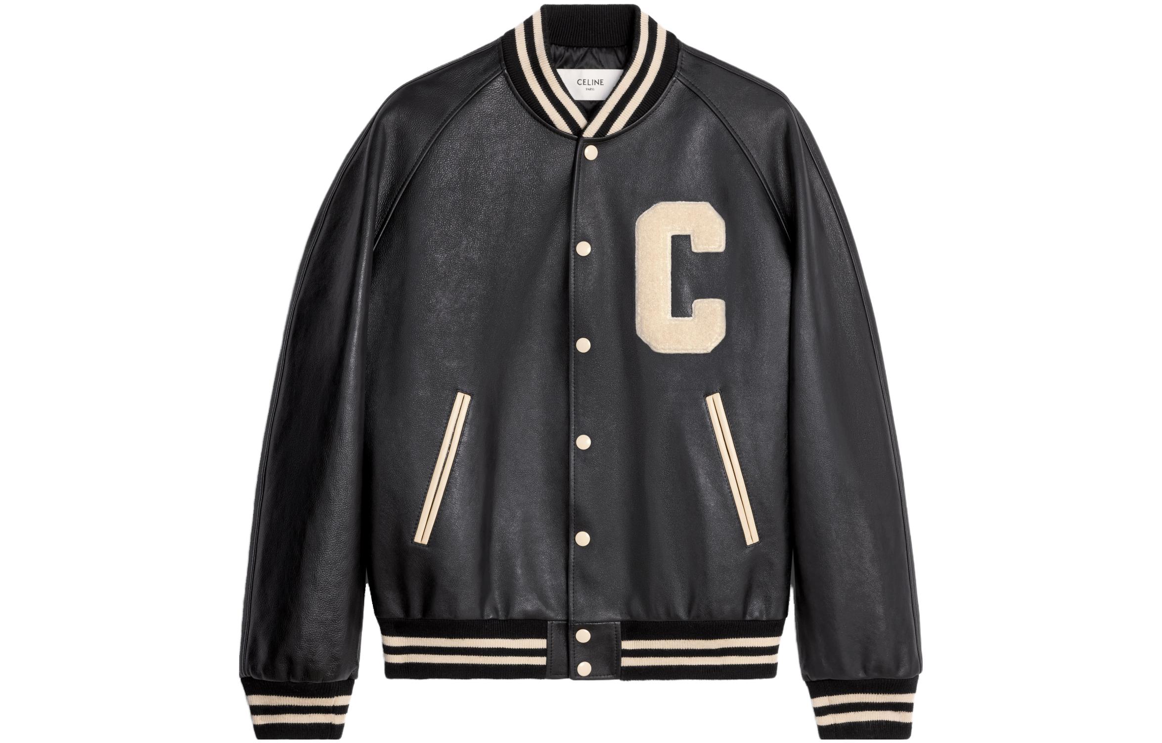 CELINE SS23 Striped Letter Single-Breasted Baseball Collar Leather Jacket Black Men 2EC24132O-38NI