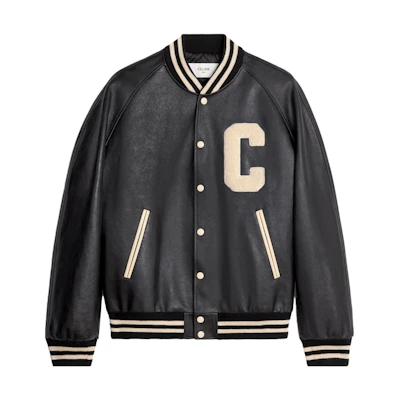 CELINE SS23 Striped Letter Single-Breasted Baseball Collar Leather Jacket Black Men 2EC24132O-38NI
