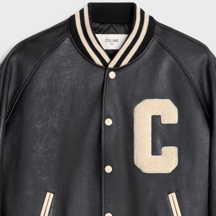 Shop CELINE SS23 Striped Letter Single-Breasted Baseball Collar Leather Jacket Black Men 2EC24132O-38NI