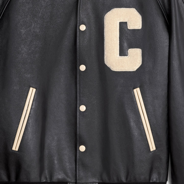 Purchase CELINE SS23 Striped Letter Single-Breasted Baseball Collar Leather Jacket Black Men 2EC24132O-38NI