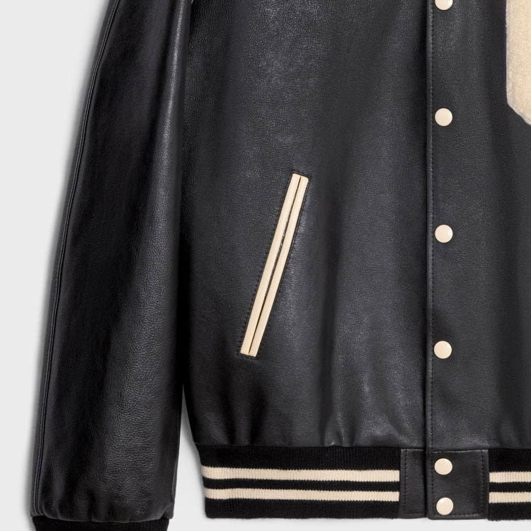 Sizing CELINE SS23 Striped Letter Single-Breasted Baseball Collar Leather Jacket Black Men 2EC24132O-38NI