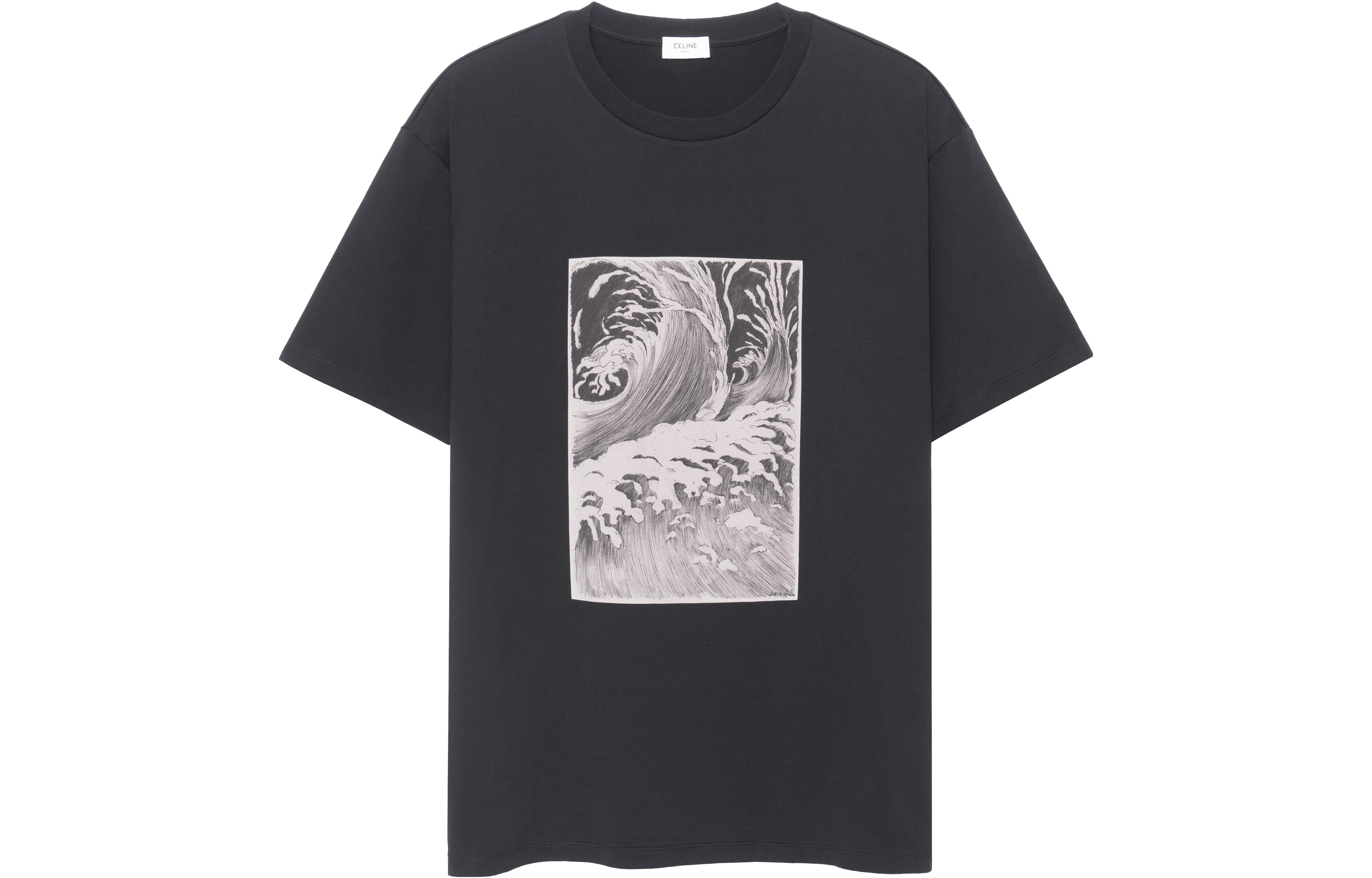 Order CELINE SS23 Kaos Hitam Wave Print Crewneck Lengan Pendek Santai. 2X45F671Q-38AW