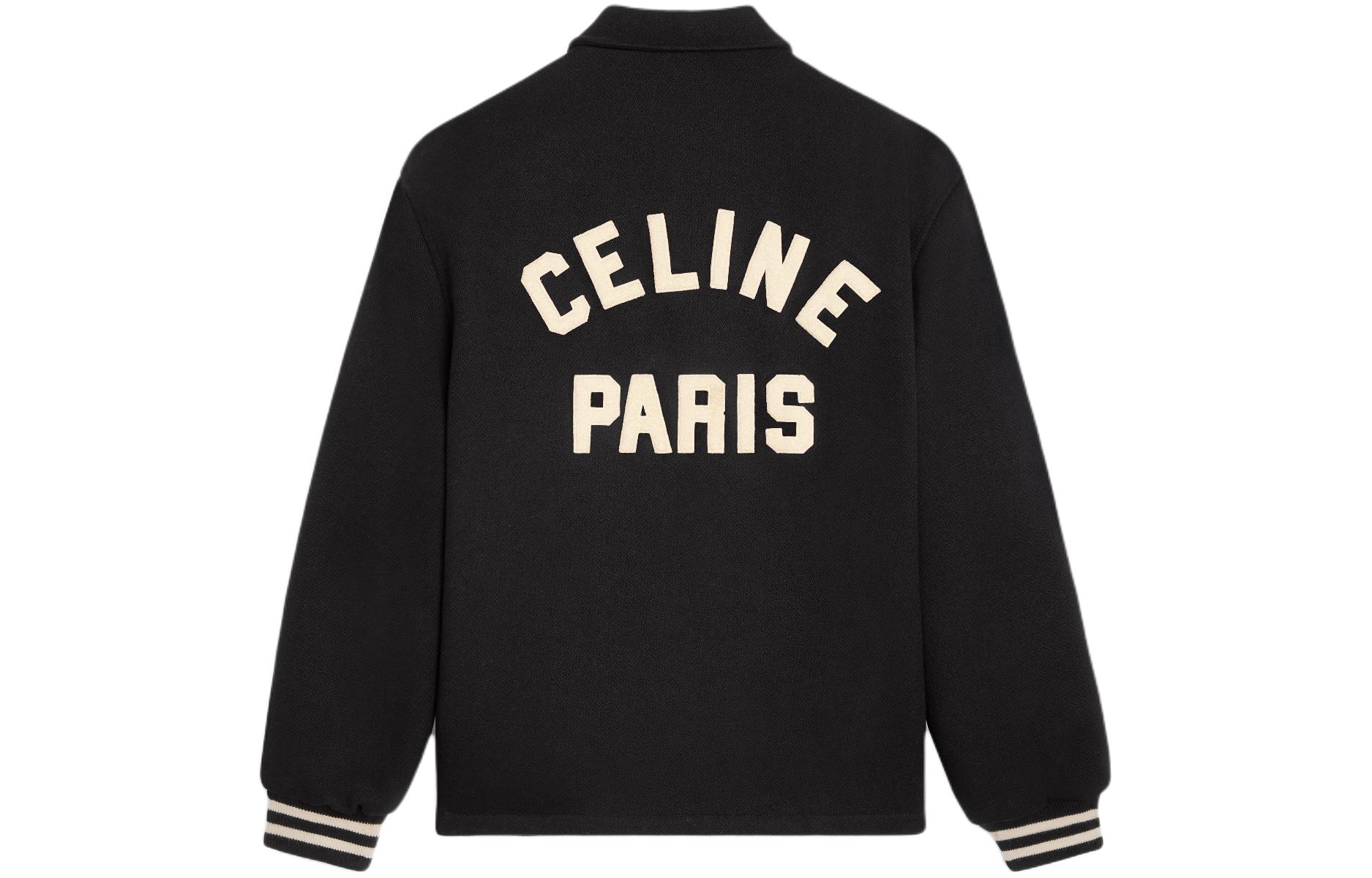 Lookbook CELINE SS24 Jaket Hitam Berkolar dengan Tampalan Huruf. 2V02K896C-38NO