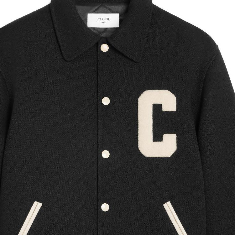 Cheap CELINE SS24 Jaket Hitam Berkolar dengan Tampalan Huruf. 2V02K896C-38NO