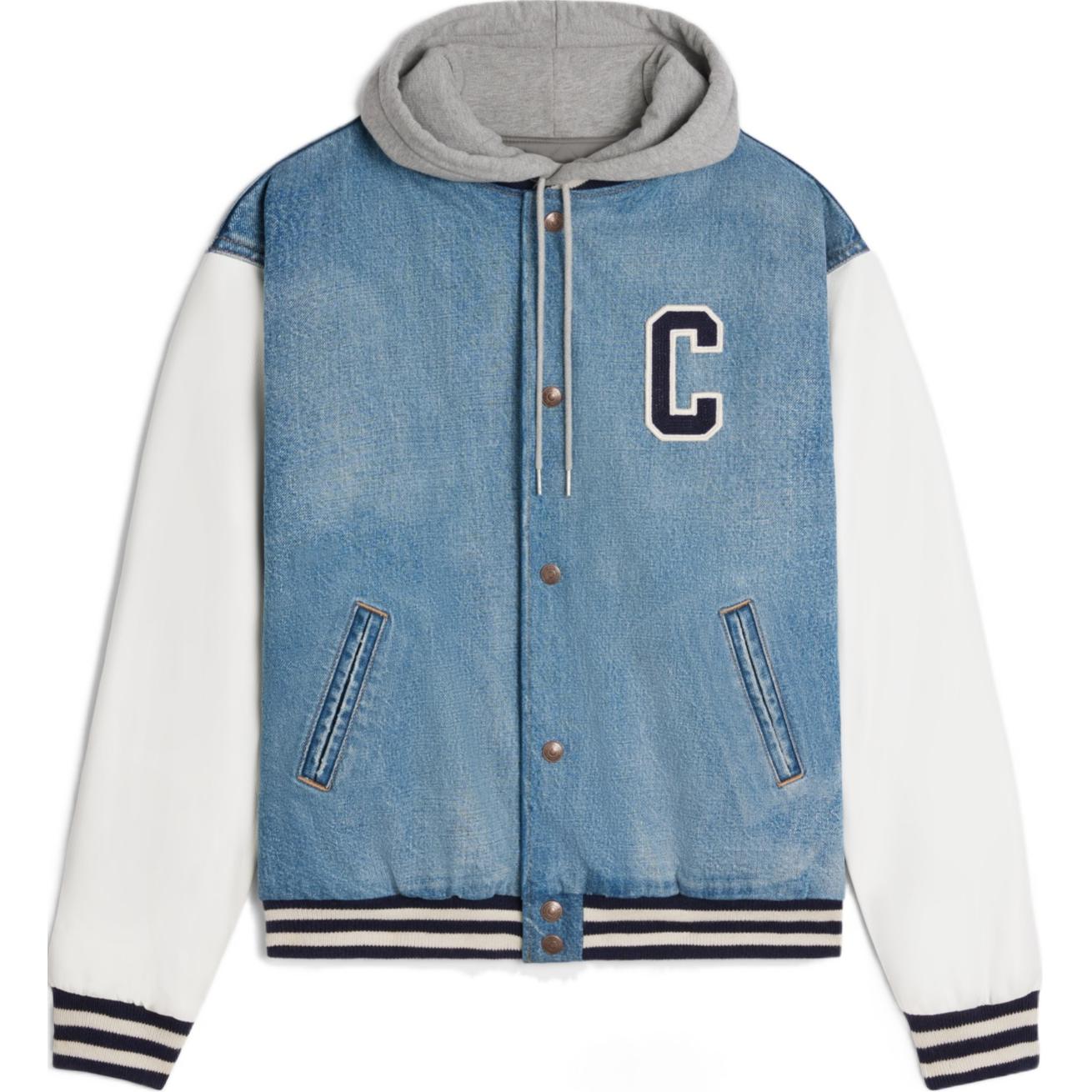 CELINE SS24  Blue Striped Letter Patch Hooded Jacket. 2Q937034S-09PI