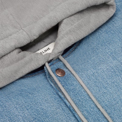 CELINE SS24 Blue Striped Letter Patch Hooded Jacket. 2Q937034S-09PI Purchase CELINE SS24 Blue Striped Letter Patch Hooded Jacket. 2Q937034S-09PI