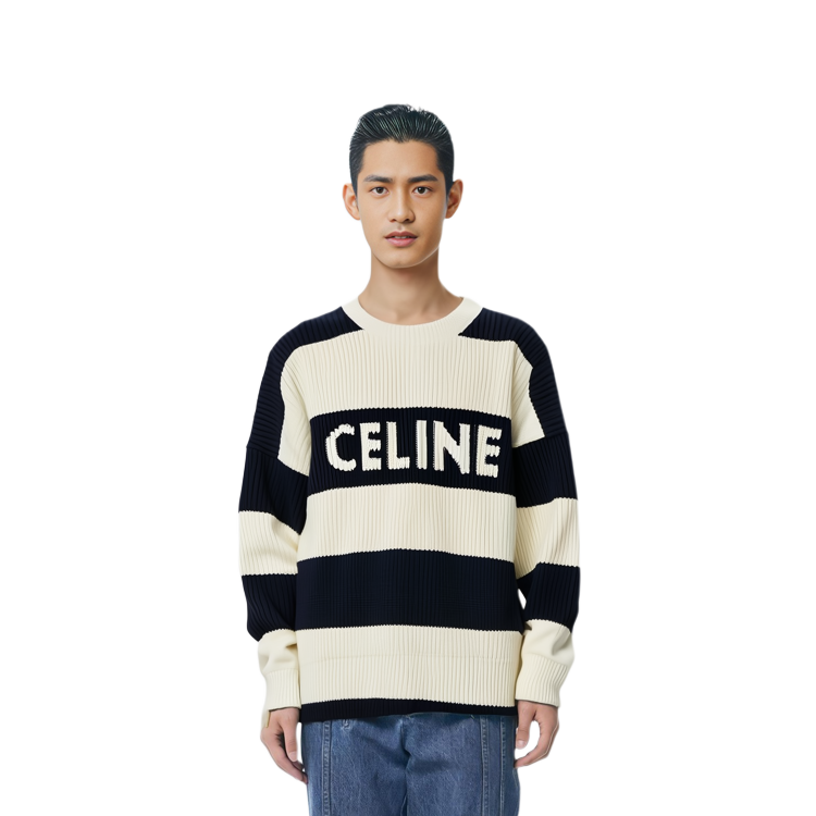 Shop CELINE SS24 Sweater Lengan Panjang Rajut Logo Garis Multicolor. 2ADCW481Y-01YV