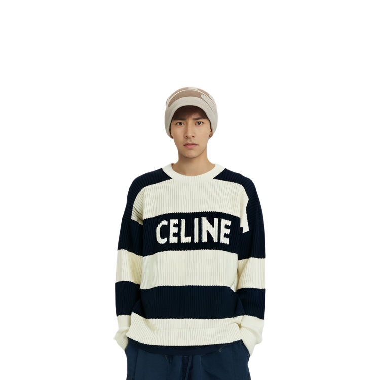 Purchase CELINE SS24 Sweater Lengan Panjang Rajut Logo Garis Multicolor. 2ADCW481Y-01YV