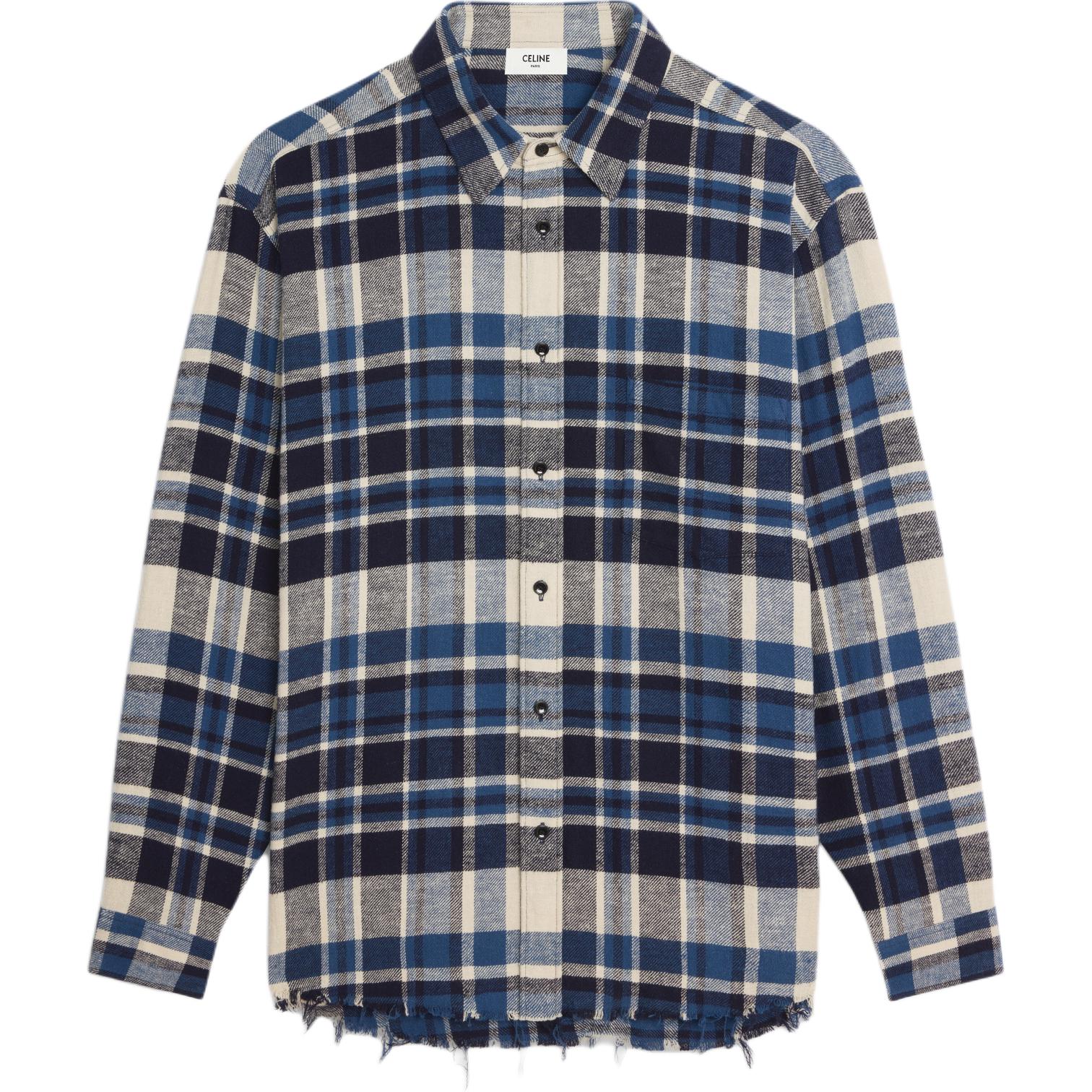 CELINE SS24  Navy Blue Plaid Fringe Button-Up Oversized Shirt. 2C59A366X-01NQ