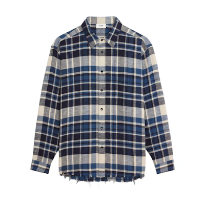 CELINE SS24 Navy Blue Plaid Fringe Button-Up Oversized Shirt. 2C59A366X-01NQ