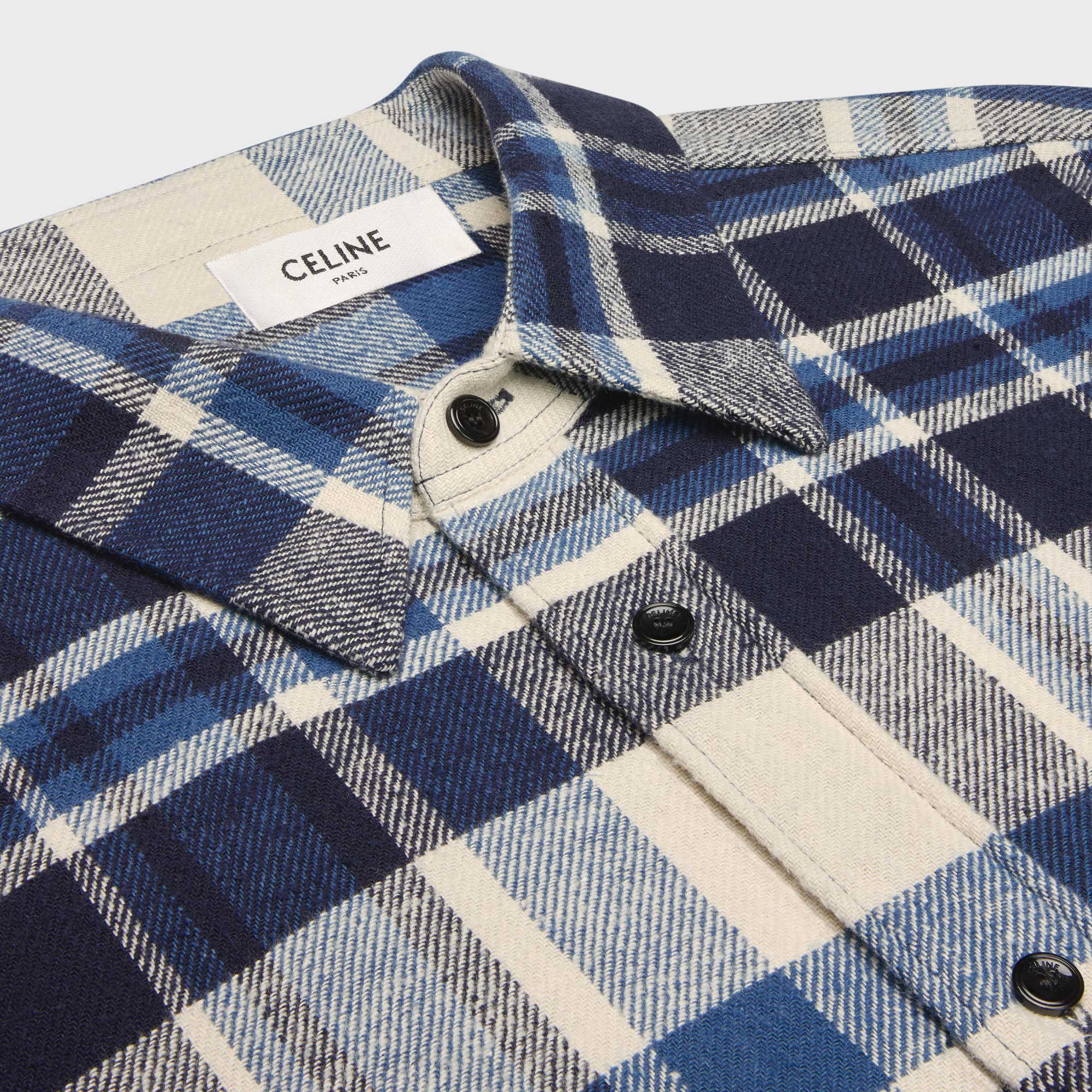 Shop CELINE SS24  Navy Blue Plaid Fringe Button-Up Oversized Shirt. 2C59A366X-01NQ