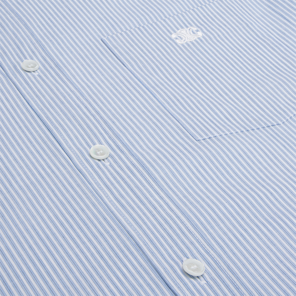 Purchase CELINE SS24 Kemeja Biru Belang Logo Sulaman Butang-Up 2C982466X-01JP