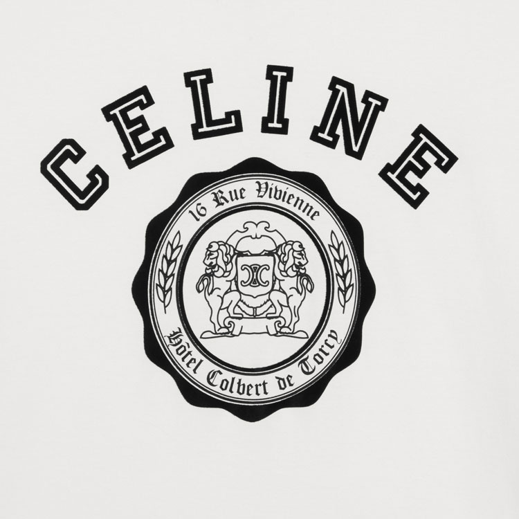 Shop CELINE 白色棉质大Logo印花宽松版圆领T恤 SS24 RX00F507Z-CAS4
