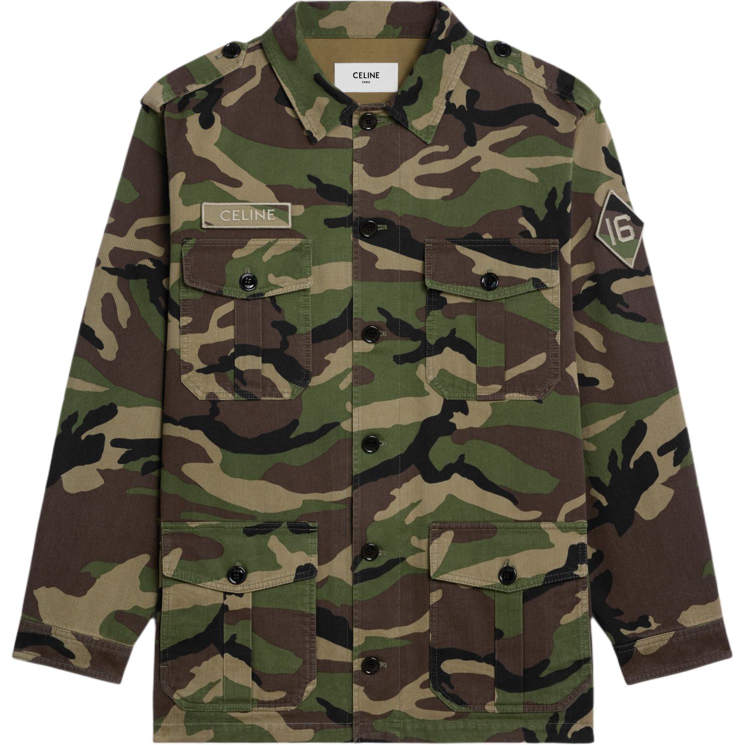 Celine SS24 Camouflage Print Button-Up Long Sleeve Jacket Khaki Green 2W23C233V-02MK