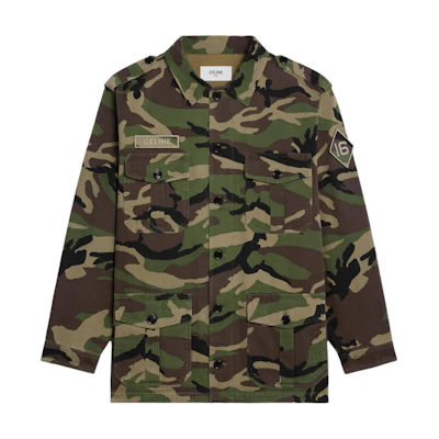 Celine SS24 Camouflage Print Button-Up Long Sleeve Jacket Khaki Green 2W23C233V-02MK