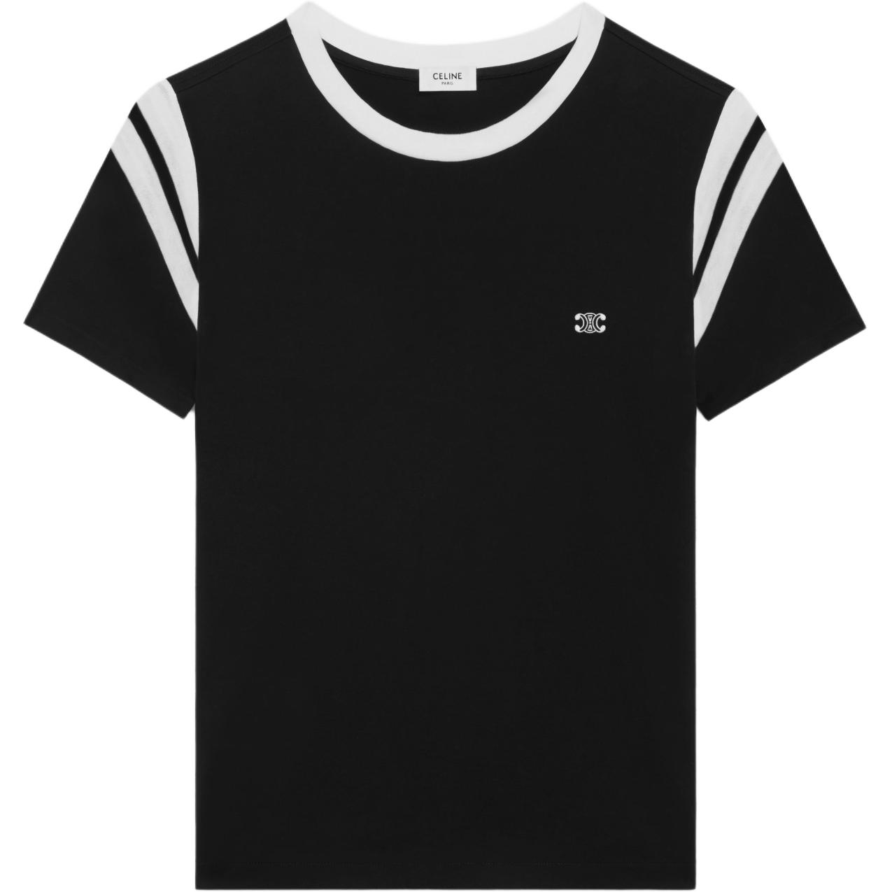 CELINE SS24 Contrast Logo Embroidered Crewneck T-Shirt Black  Tee 2X30O671Q-38AW