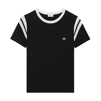 CELINE SS24 Contrast Logo Embroidered Crewneck T-Shirt Black Tee 2X30O671Q-38AW