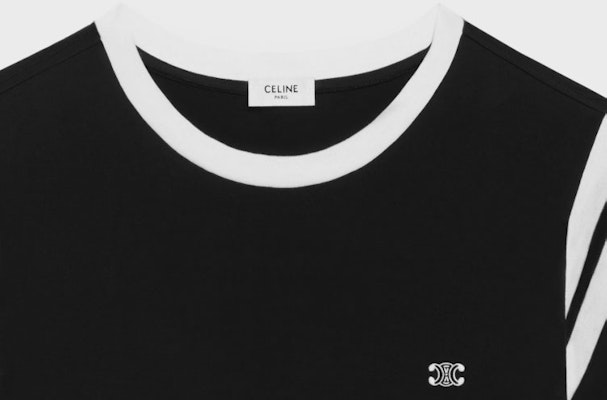 CELINE SS24 Contrast Logo Embroidered Crewneck T-Shirt Black Tee 2X30O671Q-38AW Details for CELINE SS24 Contrast Logo Embroidered Crewneck T-Shirt Black Tee 2X30O671Q-38AW
