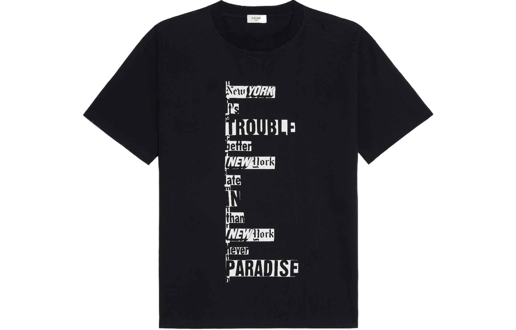 CELINE SS24 Cracked Letter Print Black Crewneck Short Sleeve T-Shirt Men. 2X73L671Q-38AW