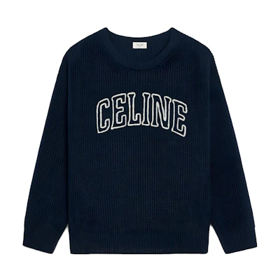 CELINE SS24 Navy Blue Embroidered Logo Crewneck Oversized Sweater. 2AW9A311Y-07MR