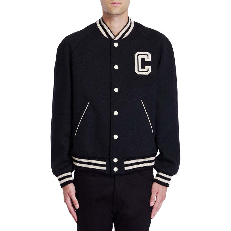 Shop CELINE SS24 Jaket Hitam Lengan Panjang Logo Garis Strip Single-Breasted 2V86W896C-38NO