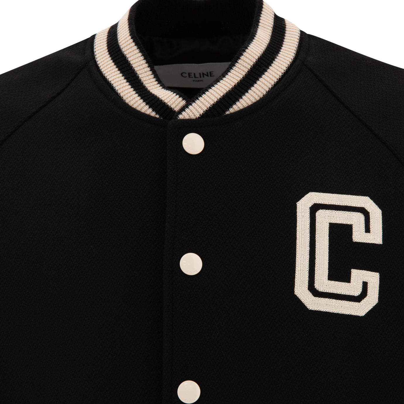 Details for CELINE SS24 Jaket Hitam Lengan Panjang Logo Garis Strip Single-Breasted 2V86W896C-38NO
