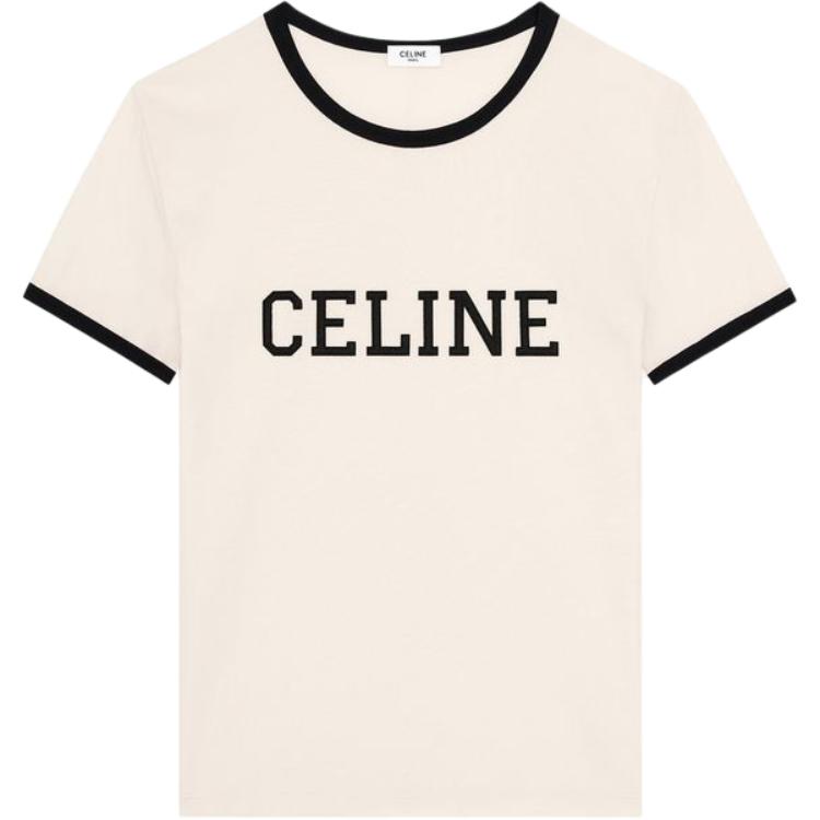 CELINE SS25  Beige Slim Fit Letter Crewneck T-Shirt. RX02R507Z-01QF