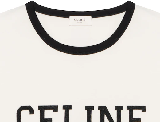 CELINE SS25 Kaos Kerah Bulat Letter Slim Fit Warna Krem. RX02R507Z-01QF Details for CELINE SS25 Kaos Kerah Bulat Letter Slim Fit Warna Krem. RX02R507Z-01QF