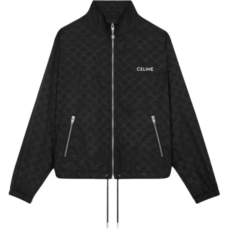 CELINE SS25  Black Nylon Interwoven Zip-Up Jacket with Drawstring Waist. RV0K6795W-38NO