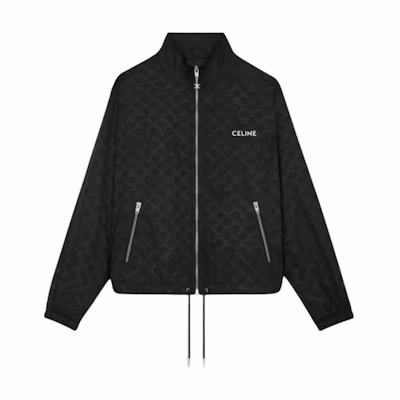CELINE SS25 Black Nylon Interwoven Zip-Up Jacket with Drawstring Waist. RV0K6795W-38NO