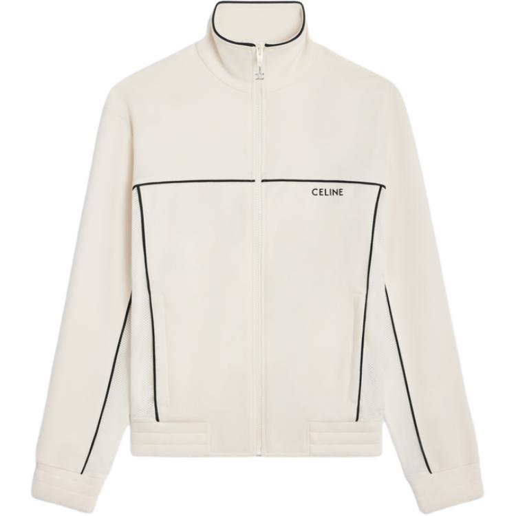 Order CELINE Jaket High-Neck Garis dengan Logo Bordir Beige Outerwear. 2Y94E121O-01OB