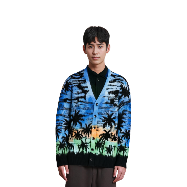 Shop CELINE 日落圖案提花針織藍色長袖毛衣 2AH57421U-07BL