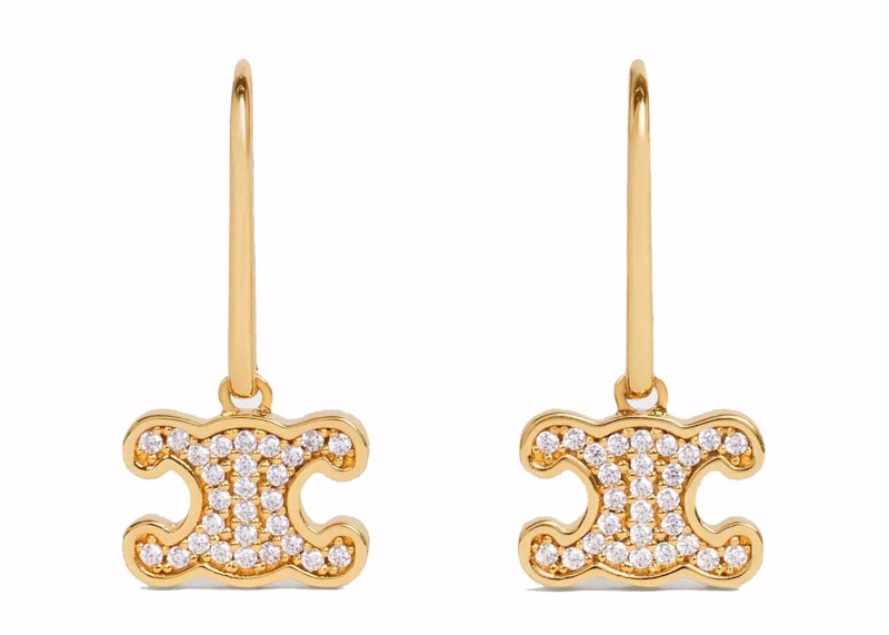 Celine Triomphe Rhinestone Earrings in Brass with Gold Finish and Crystals Gold