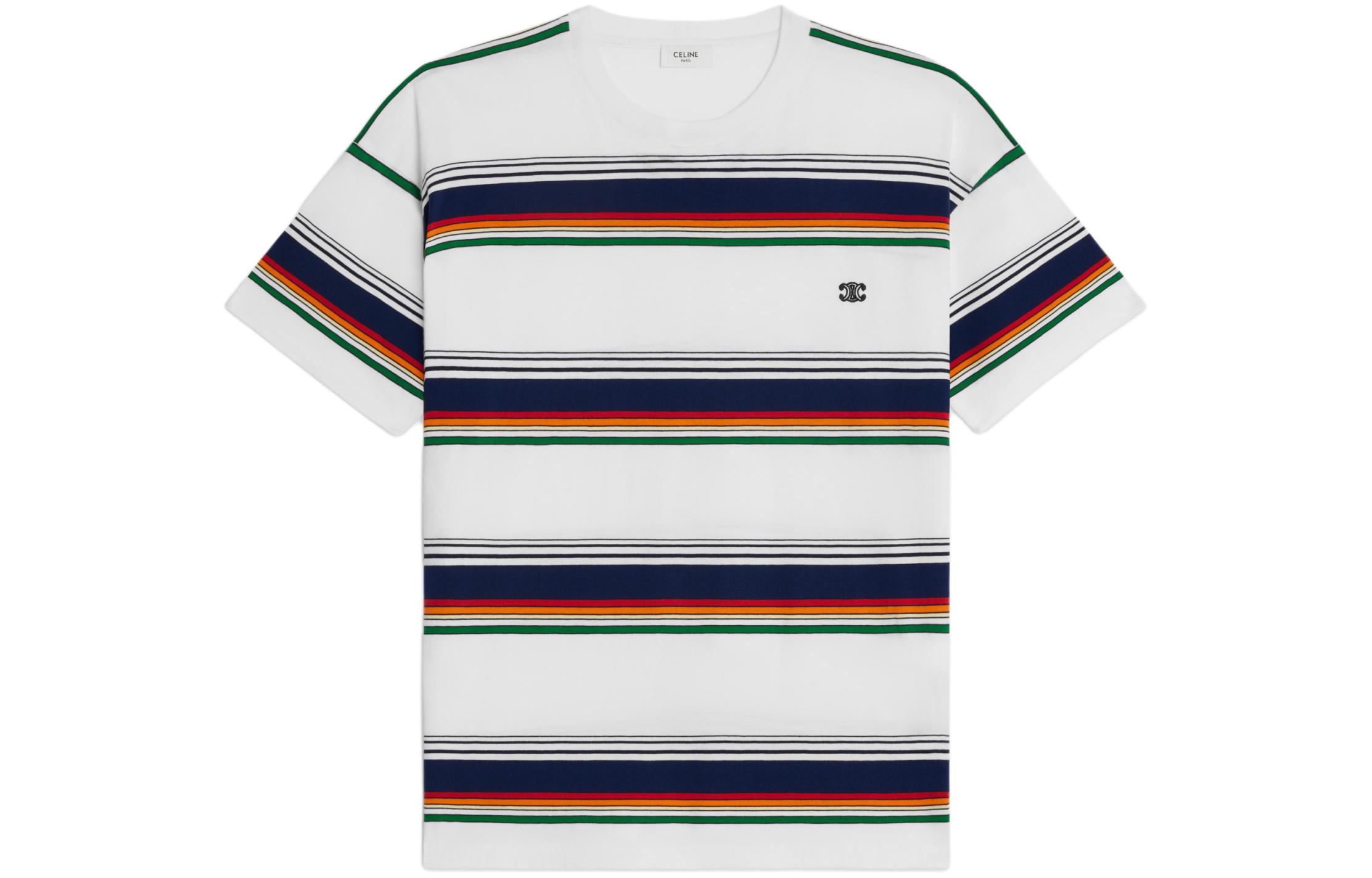 Order CELINE Triomphe Baju T-Shirt Lelaki Leher Bulat Lengan Pendek Logo Jalur Multicolor 2X04I807M-01MU