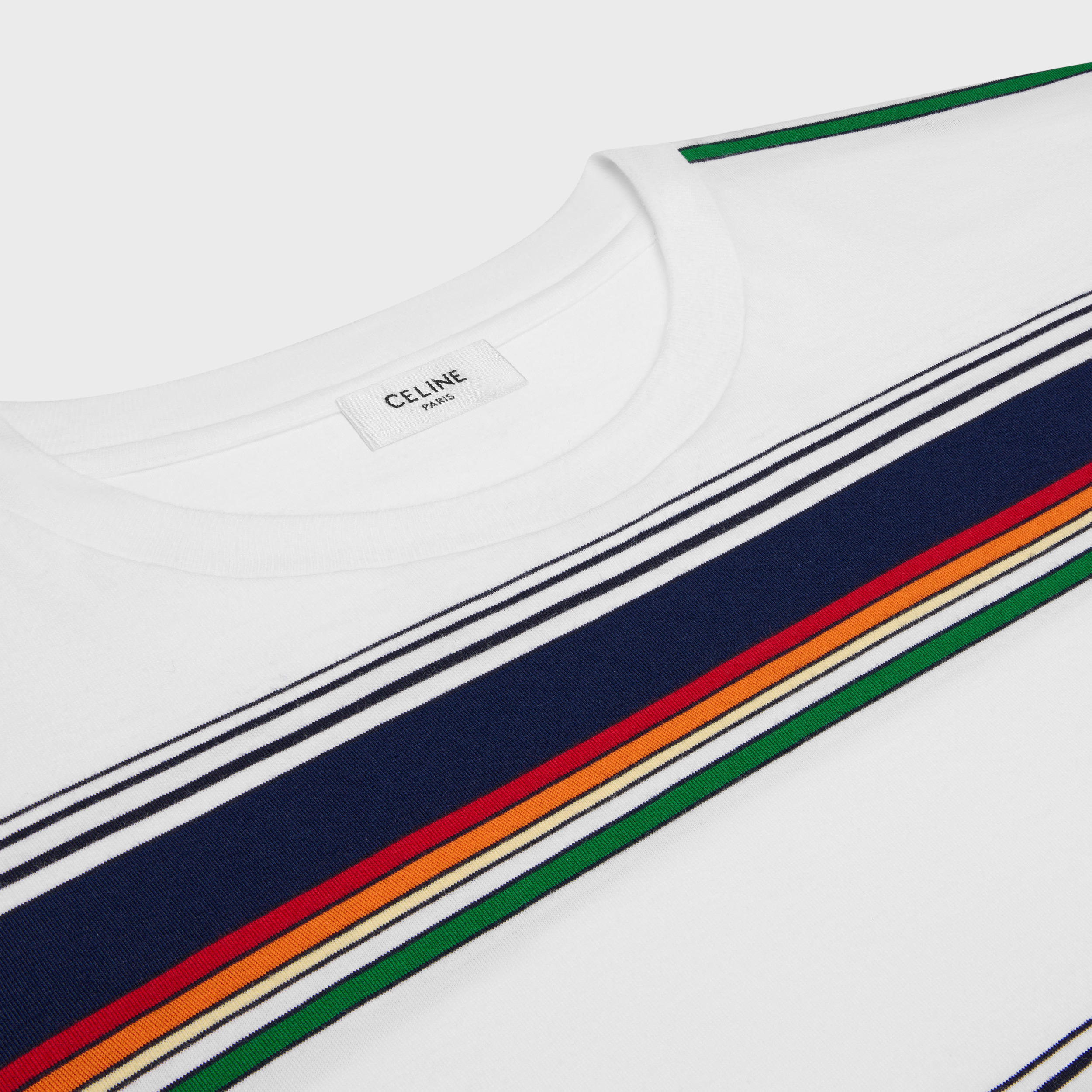 Shop CELINE Triomphe Baju T-Shirt Lelaki Leher Bulat Lengan Pendek Logo Jalur Multicolor 2X04I807M-01MU