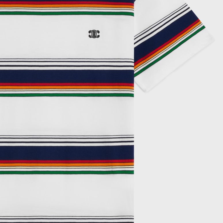 Purchase CELINE Triomphe Baju T-Shirt Lelaki Leher Bulat Lengan Pendek Logo Jalur Multicolor 2X04I807M-01MU