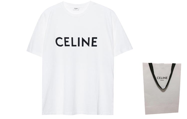Shop CELINE White Letter Print Crew Neck Short Sleeve T-Shirt 2X681501F-01CC