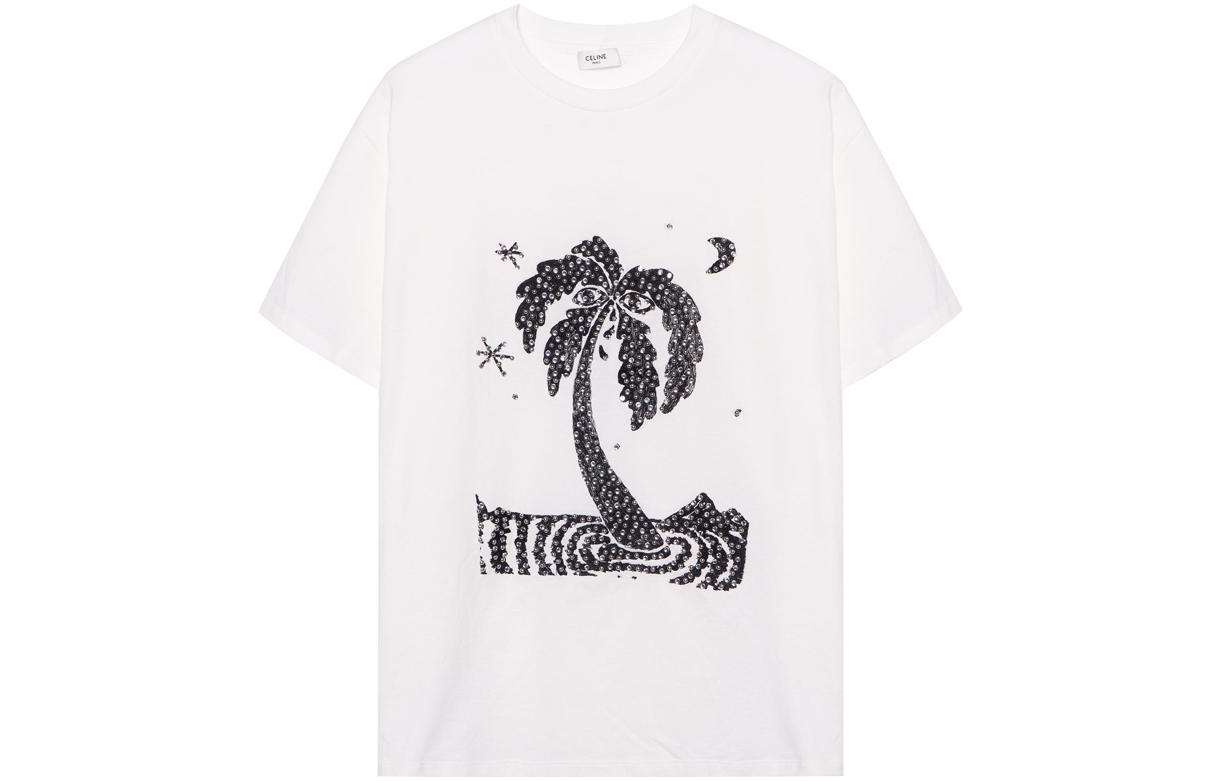 CELINE Ed Broner FW22 Palm Tree Diamond Cotton Tee White  T-Shirt. 2X48C671Q-01EA
