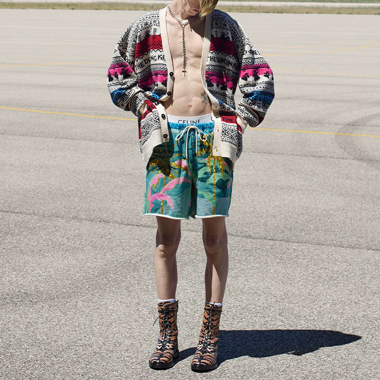 Shop CELINE x Tyson Reeder Artist Print Relaxed Straight Shorts Green Casual Wear 2Z037823M-30GE