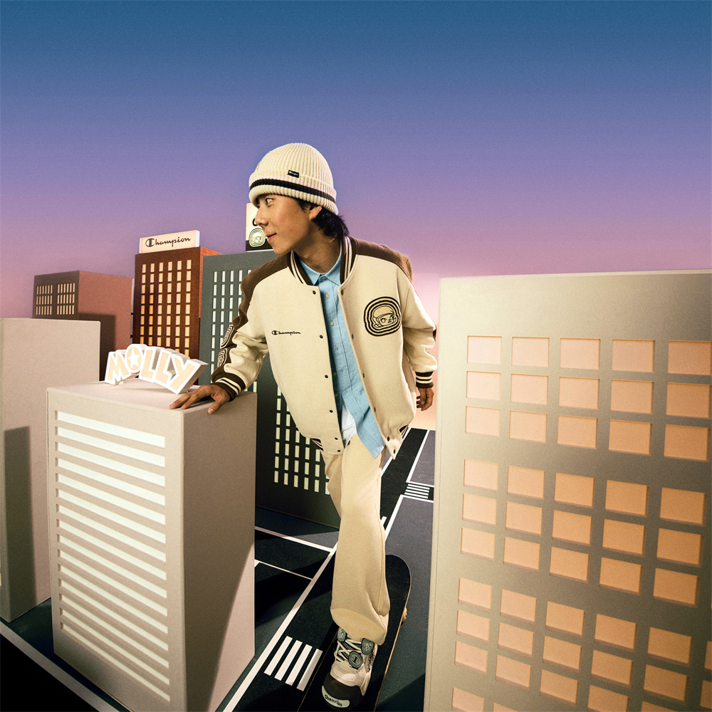 Cheap Champion × POP MART Molly Logo Retro Snap Button Jacket Unisex Casual Outerwear U4COTSU022