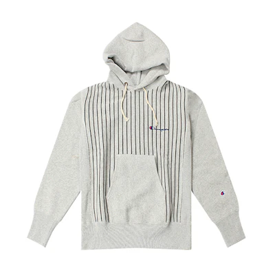 Champion Embroidered Logo Striped Fleece Hoodie Unisex Winter Grey C3-L106