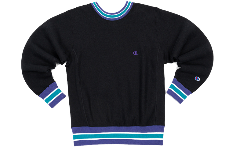 Champion Embroidered Small Logo Striped Crewneck Fleece Sweatshirt Black Japan Edition C3-S009-M201