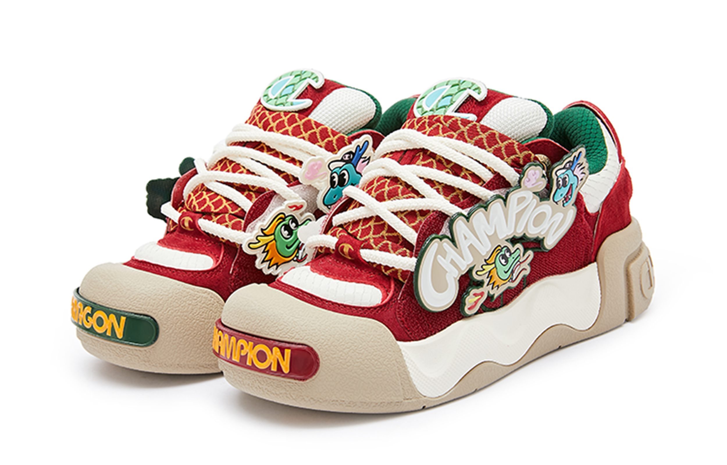 Lookbook Champion Essentials AutoSkate V.Dragon 'Xiaolongren Puffy Bread Sneaker New Year Red/Milk White' U4AFCTM26L1
