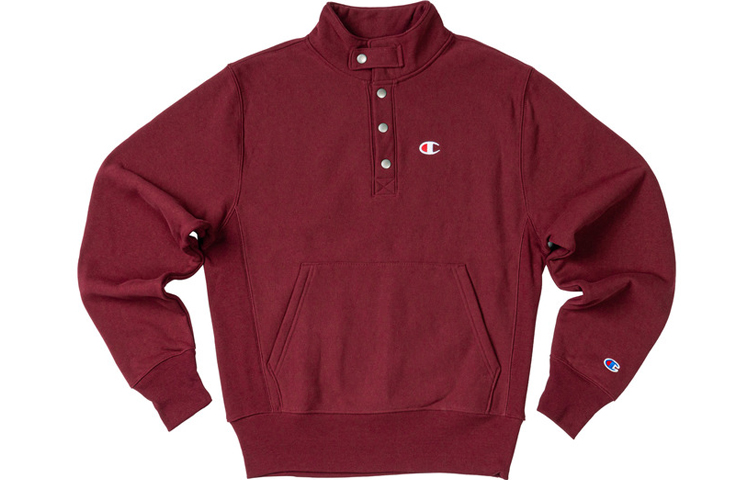 Champion Fleece-Lined Mid-High Collar Snap Sweatshirt Unisex Deep Red Winter Edition UM-SSW12-M403